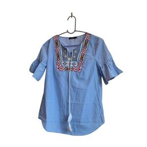 Blue Stripe Bohemian Tribal Stitch Blouse